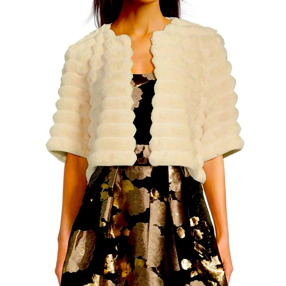 Alex Marie Alize Seamed Faux Fur Round Neck 3/4 Sleeve Cropped Bolero Jacket